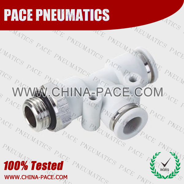 Grey White Polymer Push To Connect Fittings Male Run Tee With G Thread, Composite Pneumatic Fittings, Air Fittings, one touch tube fittings, Pneumatic Fitting, Nickel Plated Brass Push in Fittings, pneumatic accessories.